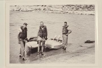 Jack Wimpress, Walter Prevost and Don Wimpress just before the start down the San Juan River from Mexican Hat.  The boat at the left is a 10-ft. rowboat and that at right is an 8-ft. pram