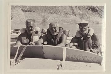 Crew of the "Bootoo." Grand Canyon traverse of 1954, June. Josiah Eisaman; Frank E. Masland; Otis Marston. Gods Pocket