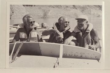 Crew of the "Bootoo." Grand Canyon traverse of 1954, June. Joe Eisaman; Frank Masland; Marston. Gods Pocket, Lake Mead