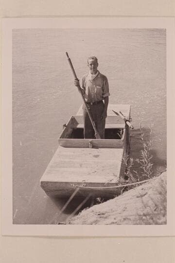Harold H. Leich in his punt "Dirty Devil." At Cisco Pump House on the Colorado River. Leich arrived at the Pump House 1933, Aug. 16 and departed the next day