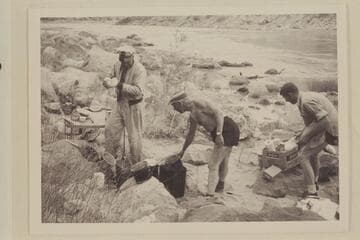 Bathing the dishes in the second camp in Marble Canyon: Sanderson, Marston and Beer; President Harding Rapid