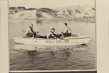 Zoe Desloge, Garth Marston, Anne Desloge at end of 1947 traverse of the Grand Canyon.  At Pierces Ferry