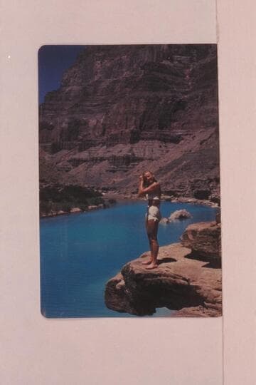 Katie Lee posed at the lagoon at the mouth of the Little Colorado.  The Lees Ferry gauge registered its peak on this day:  68,500 cfs.  Bright Angel gauge was 67,300 cfs., the peak for the month