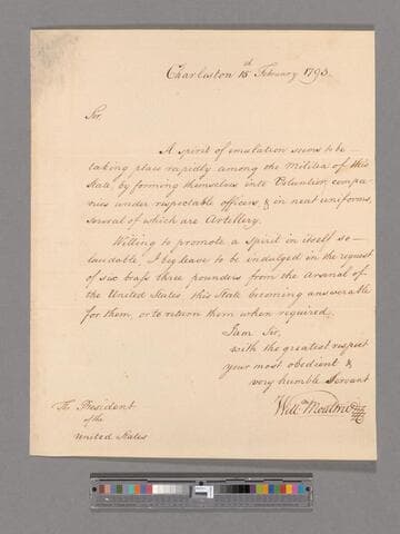 Letter from William Moultrie, Charleston, to George Washington
