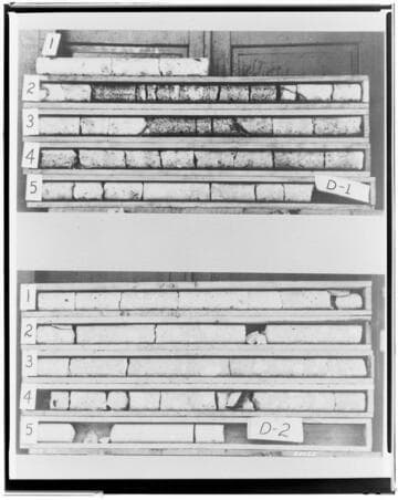 Copy neg comparing Core samples taken from Huntington Lake Dams in May 1937