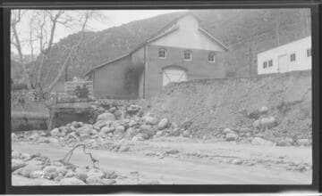 Santa Ana River #2 Powerhouse - SAR 2, damaged tailrace, lawn, and machine shop after storm
