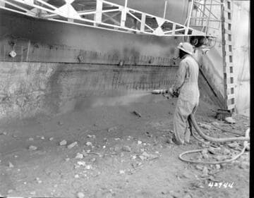 Big Creek, Huntington Lake Dams - Applying gunite protection strip over marginal boundary of steel facing