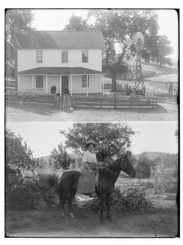 Farmhouse with windmill ; woman on horseback
