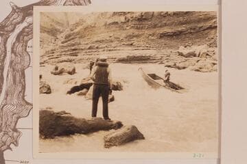 Fred C. Jayne making motion pictures from a skiff being lined in Soap Creek Rapid on a flow registered at lees Ferry of 1,530 cfs