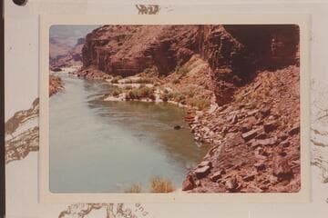 Upriver view. Cave, ruins, and trail at Mile 137 1/2 left bank