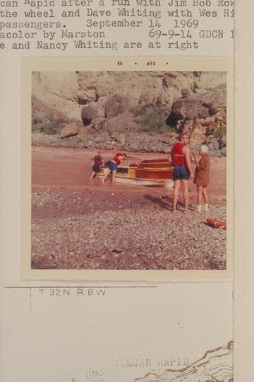 The deck boat at the beach at left bank below Vulcan Rapid after a run with Jim-Bob Rowland at the wheel and Dave Whiting with Wes Hildreth as passengers. Dave and Nancy Whiting are at right