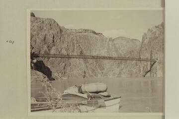 The "Esmeralda II" at the beach at Bright Angel Creek. The mules carrying the dudes are on the trail