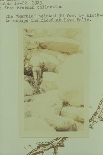 The "Marble" pulled above the flood on the left bank. Vulcan Rapid