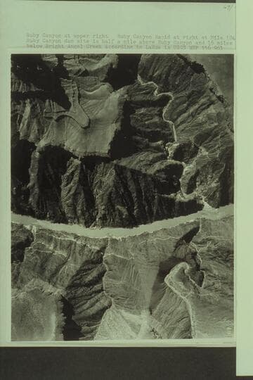 Ruby Canyon at upper right. Ruby Canyon Rapid at right at Mile 104.8. Ruby Canyon dam site is half a mile above Ruby Canyon and 16 miles below Bright Angel Creek according to LaRue