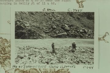 Head of Serpentine Rapid. J. Hall and C. Yost on the fan. Preliminary gauge: 12,500 cfs. The pegmatite at center appears in Butchart photo of 1957, Apr. 20 near the right margin; in Reilly #1 of 1962, Nov. 04