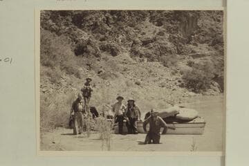 The "Esmeralda" at Bright Angel Trail bridge. Left to right: Taylor, Marston, Ed Hudson, Egbert Hudson, Robinson
