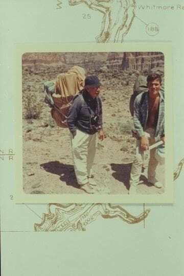 Dock Marston and Buzz Belknap about to start down the Whitmore Trail. The pack is bulky but weighs little as it is chiefly life preservers