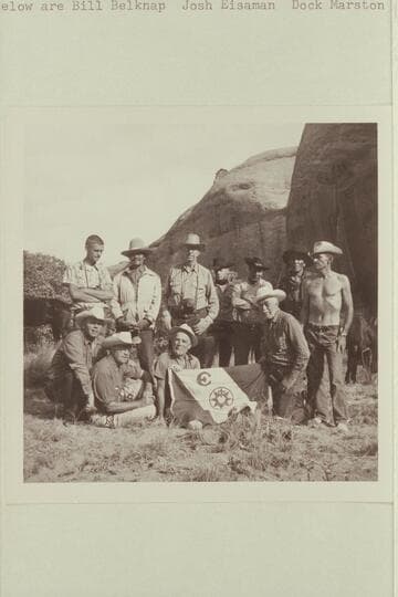 Entire group at camp at head of middle fork of 73.6. Left to right at at top are Chris Turner; Buck Whitehat; Noel Morss; Buster Ordiway; Dan Lehi; Nasja Begay; Tom Daly. Below: Bill Belknap, Josh Eisaman, Dock Marston, Archeyes Masland