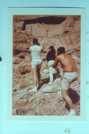 Photographing the Kolb inscription at Mile 202.25 right bank. Jorgen Visbak; Dock Marston; Buzz Belknap