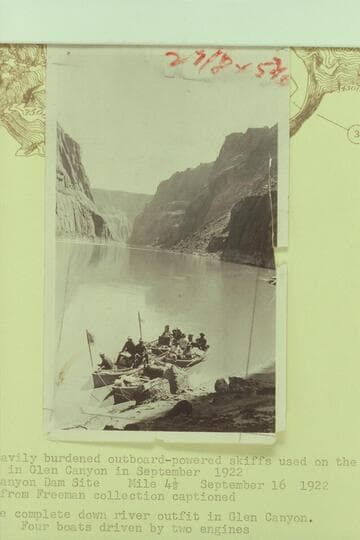 The heavily burdened outboard-powered skiffs used on the LaRue junket in Glen Canyon. Glen Canyon Dam Site, Mile 4 1/2. The complete downriver outfit in Glen Canyon. Four boats driven by two engines