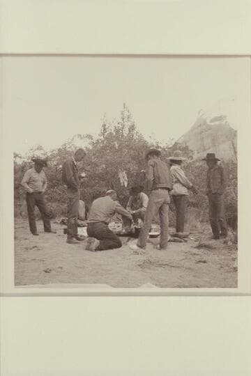 At camp in middle fork of 73.6. Dan Lehi; Chris Turner; Bill Belknap; Buster Ordiway; Tom Daly; Buck Whitehat; Tobe Owl or Nasja Begay