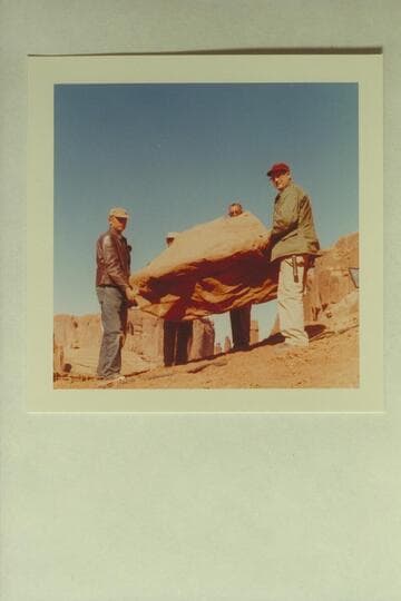 The mighty Special Effects crew heaving a boulder around in the Disney filming of "The Colorado River Story." Arches National Monument