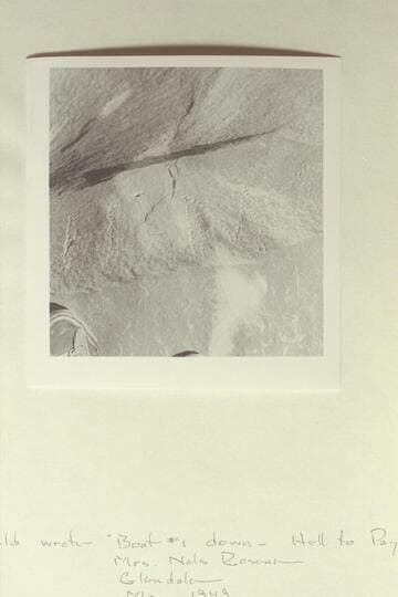 Harry McDonald's name on a rock in Cataract Canyon. Right bank at Mile 205. Harry McDonald was head boatman of the Best Expedition which lost one of their two boats in Cataract Canyon 1891, July 21