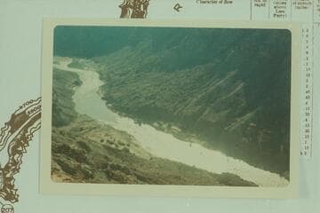 Up Cataract Canyon from Mile 210 1/2. Rapid No. 5 is below center and lower right. Rapid No. 4 is upper left. Compare 64-3-29 CTCN 211-2