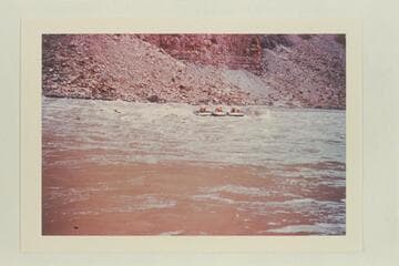 The unit of 3 small inflated boats (sausages) operated by Georgie White. Chenweth-Hoyt Rapid No. 20 with head at Mile 203.15