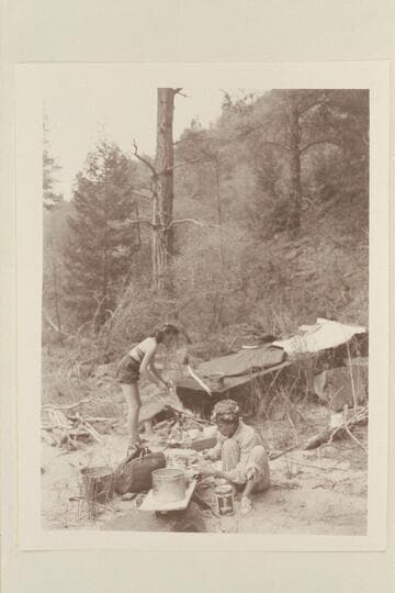 Becky Walker and Margaret Marston in the kitchen. Camp of 1948, May 15, during traverse of Dolores River