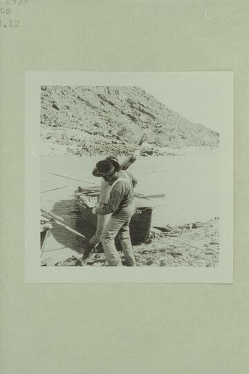 Major Powell (played by John Beal) ducks the swing from Walter Powell (played by Jim Drury). Filming of "The Colorado River Story" by Disney near Castle Creek above Moab