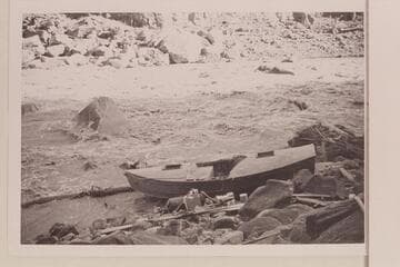 Holmstrom portage at the rapid in Cataract Canyon which he numbered 16. Between Miles 202 and 203. October 29 or 30. Approximate gauge: 6,100 cfs