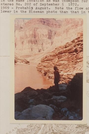 Upriver from Mile 126 with Stavely posed in the same location as was Thompson for the Hillers stereo No. 202 of 1872, Sep. 05. Note the flow of the river is lower in the Eiseman photo than that in the Hillers print