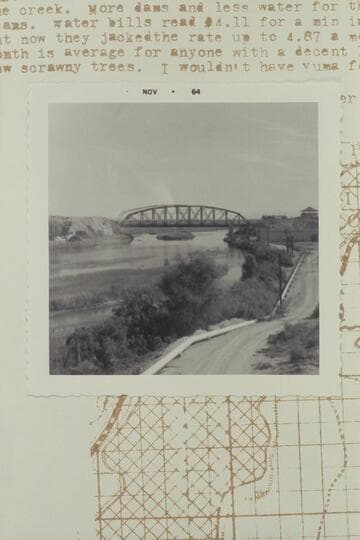Colorado River near Yuma. Looking east from West Yuma Hill at old rail crossing showing big island inColorado River near Yuma. Upriver from left bank. Colorado and no Gila Junction. Big bars restrict flow