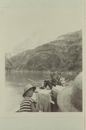 Boats of 1948 Nevills party being towed on head of Lake Mead. Rosalind Johnson; Moulty Fulmer; Wayne Hiser; Howard Welty; Garth Marston