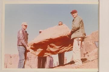 Special Effects crew of the Disney company heaving a boulder. Filming of "The Colorado River Story." Arches National Monument