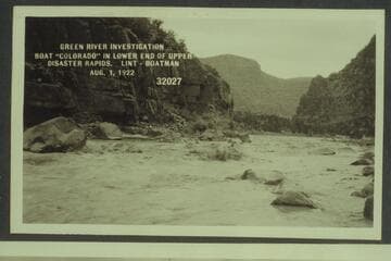 Green River Investigation- Boat "Colorado" in lower end of Upper Disaster Rapids. Lint- boatman