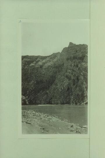 Looking upstream into the mouth of Whirlpool Canyon from Island Park. The USGS party left Bishop's Crek 1922, Aug. 09, where they camped just out of the mouth of Whirlpool Canyon on the right bank