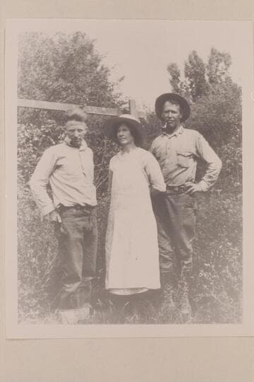 Fawn Chaffin, Mrs. Lou Chaffin, Lou Chaffin. Green River, Utah. Lou and Fawn (his son eldest) Chaffin were the packers for Prom and Crumm on Roost side of Rivers. (Hazel Ekker letter 1966, Apr. 23)