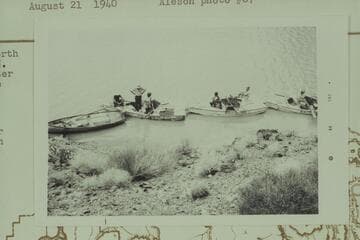 The Nevills sadirons and Aleson's motorboat at a rest stop between Burnt Springs and Emory Falls. Nevills; Southworth; Doris Nevills; Goldwater; Larabee; West; Deason; Reed; Baker; Cutler; Aleson