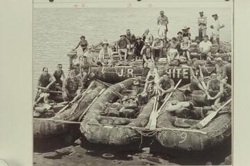 Georgie White's party at end of Grand Canyon traverse at Temple Bar, Lake Mead. Georgie White; Chet Bundy; Mrs. Chet Bundy; Freda Walbrecht sits directly in front of Mrs. Bundy; Joel Sayre
