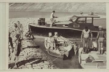 The muddy mooring in Gods Pocket on Lake Mead at end of Grand Canyon traverse