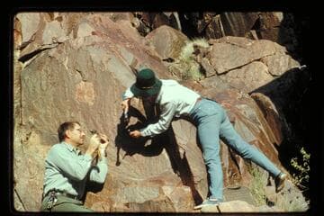 Ranger Jim Bailey, Frankie Strathairn. Hard rock drilling at Separation Canyon for replacing the 1934 plaque