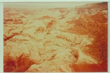 Heads of forks of side canyon at Mile 73.6. Upper right is Navajo Mountain. Right is Butte 6069