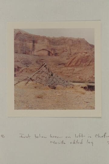 Wreck of pole and brush miners' cabin; Mile 108, left bank, Glen Canyon. Down river from Schock Cabin