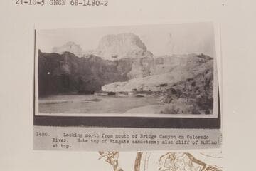 Looking north from mouth of Bridge Canyon on Colorado River. Note top of Wingate sandstone; also cliff of McElmo at top
