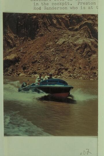 The shakedown cruise up into Glen Canyon. Butchart sits on the deck aft. Lodell Mathews is down in the cockpit. Preston Mercer is almost hidden by Rod Sanderson who is at the controls