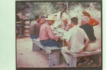 Trail party at camp in cave upstream from Rainbow Bridge: Tom Daly, Ballard Atherton, Jorgen Visbak, Frank Masland, Hugh Cutler, Joseph Desloge, Marston