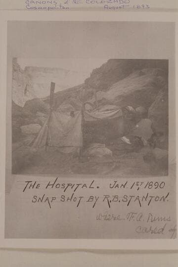 Where Nims was cared for after falling from cliff. Nims had cracked his skull and injured one leg. Photo possibly by Stanton or Hogue. Mile 13 in Marble Canyon