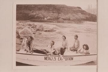 The women in the 1947 Nevills party between Lees Ferry and Bright Angel Creek. Foot of the Tanner Trail. L to R: Marjory Farquhar, Rosalind Johnson, Pauline Saylor, Margaret Marston and Elma Milotte